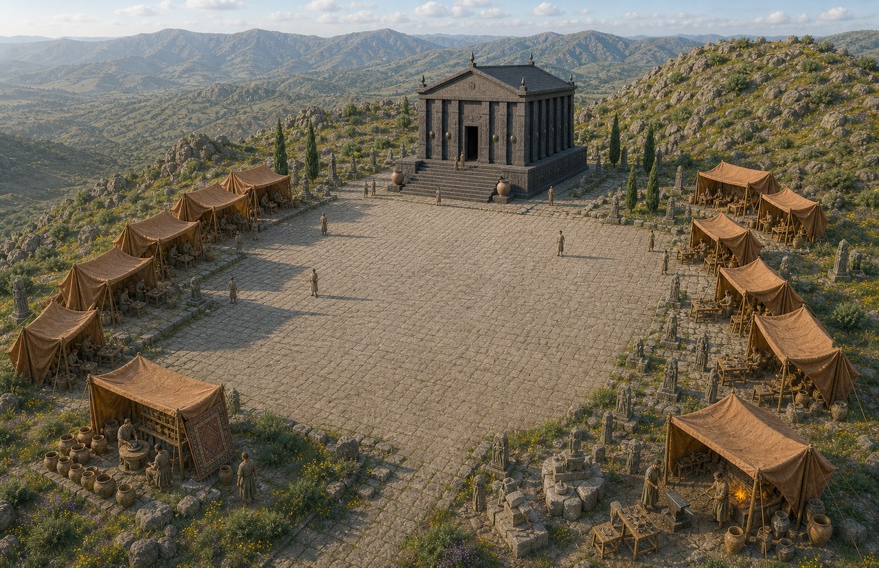 Aerial view of craftsmen tents arranged around the plaza