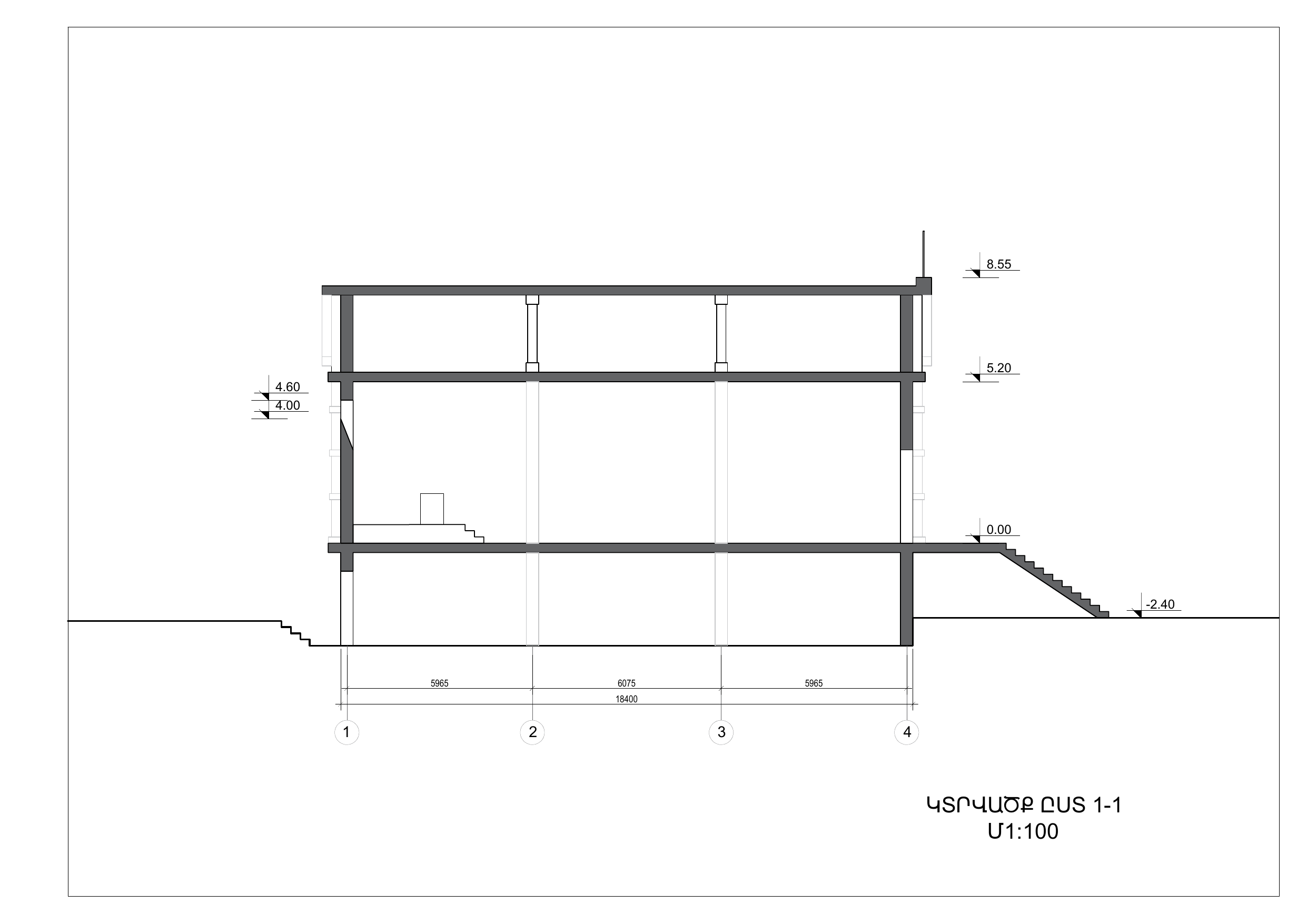 Cross-section 1-1 of the temple, scale 1:100