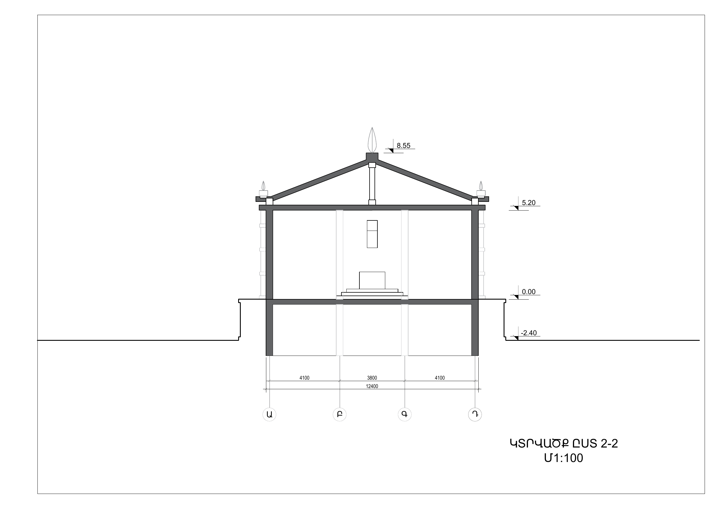 Cross-section 2-2 of the temple, scale 1:100