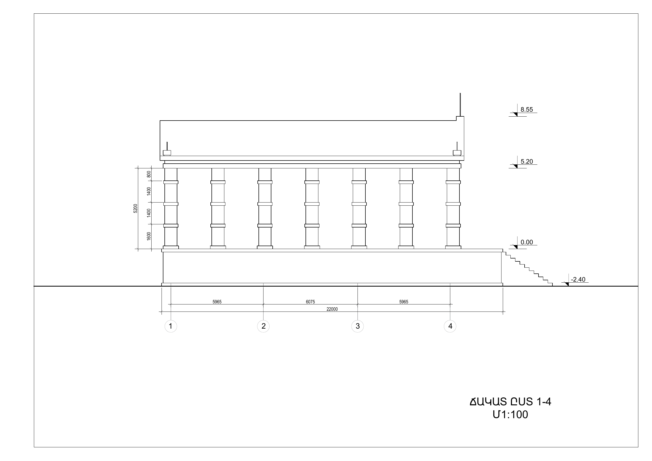 Side elevation drawing of the temple, scale 1:100