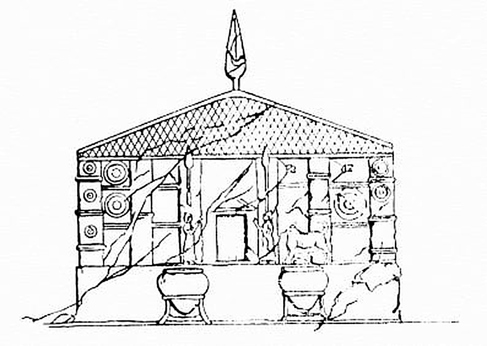 Original surviving relief / sketch of the Musasir temple — the source of the reconstruction