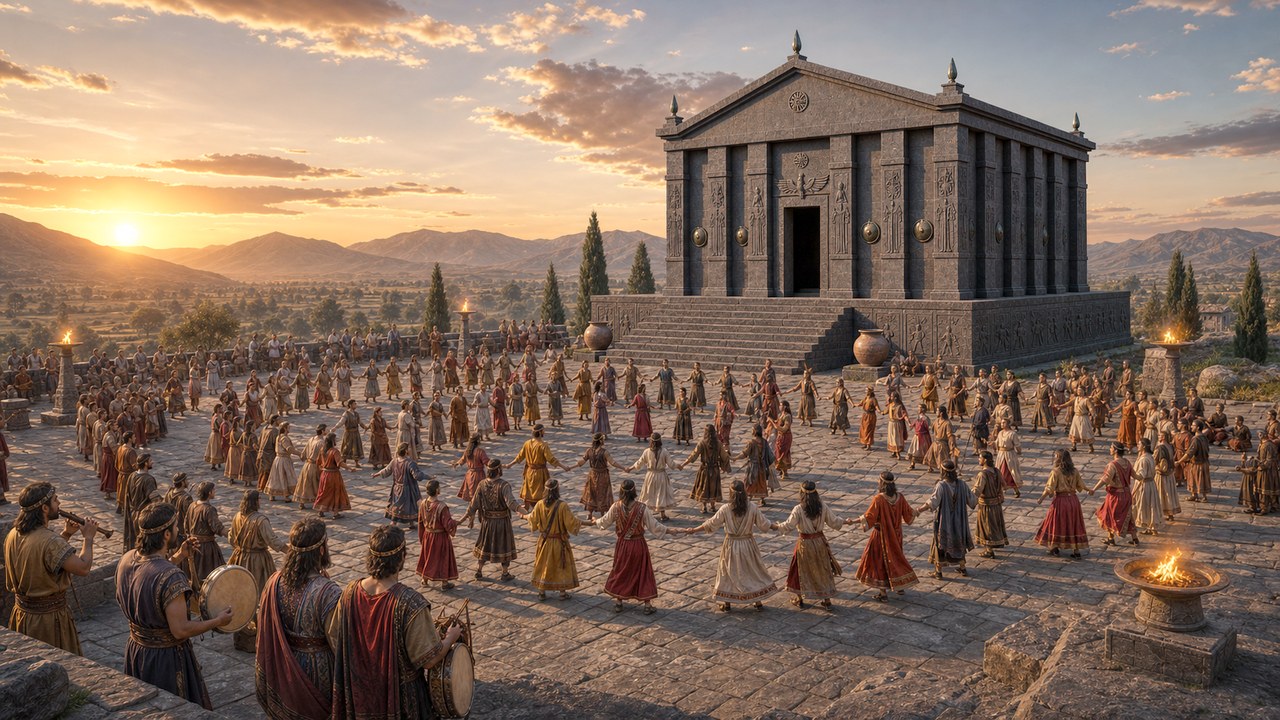 Crowd dancing on the plaza before the temple at sunset