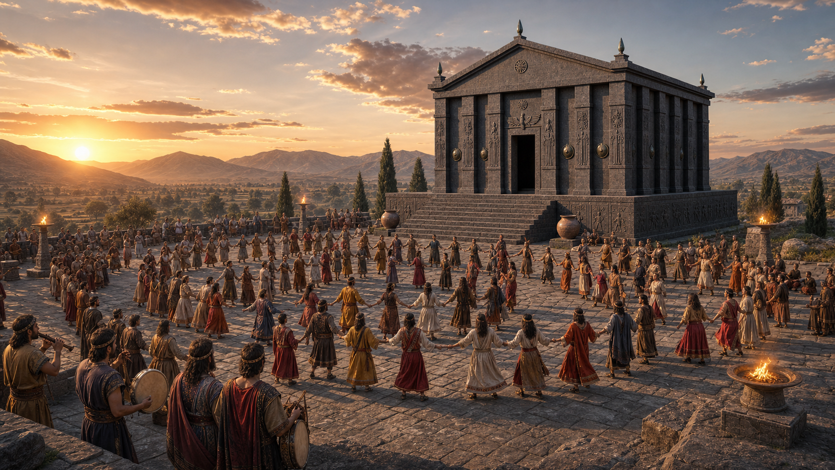 Crowd dancing on the plaza before the temple at sunset