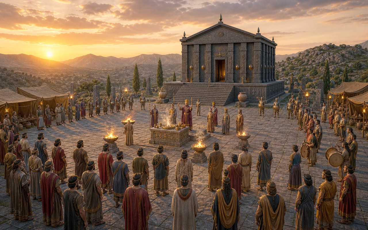 Ritual ceremony with altar fire before the temple at dusk