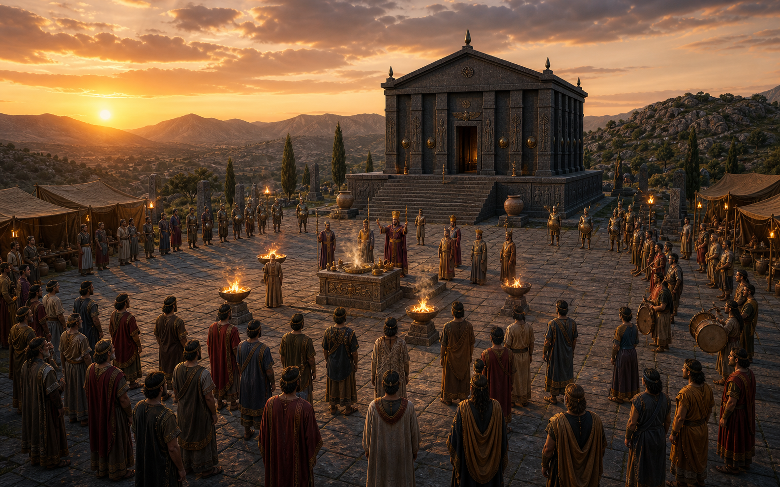 Ritual ceremony with altar fire before the temple at dusk